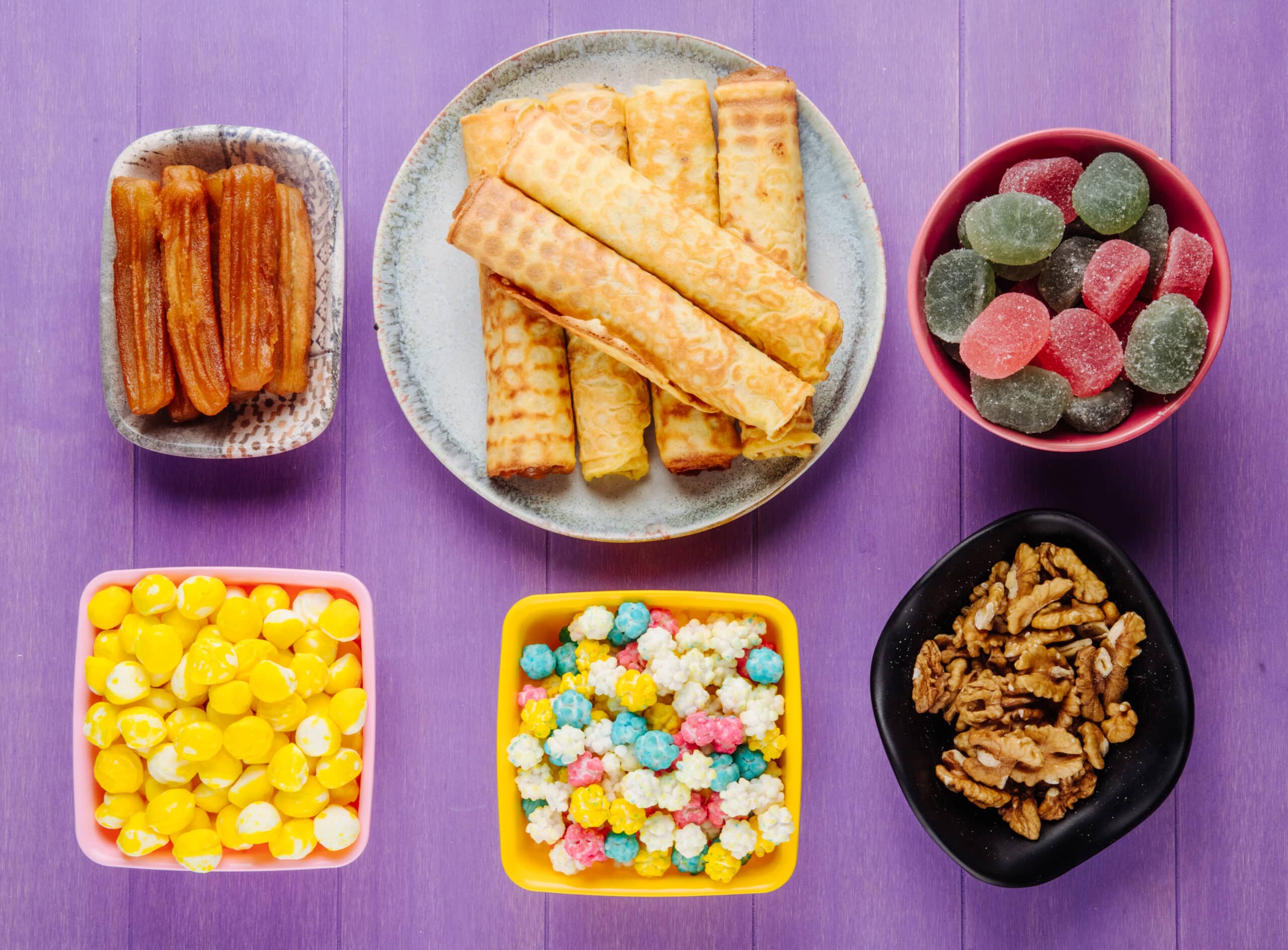 Heathy and testy snacks for kids are presented on a table